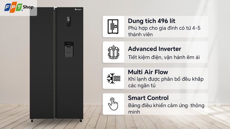 tu lanh casper inverter side by side 495 lit rs 460pbw