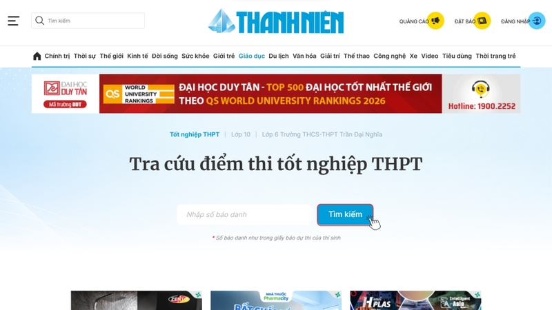 Nhấn Tìm kiếm để xem kết quả điểm thi của mình