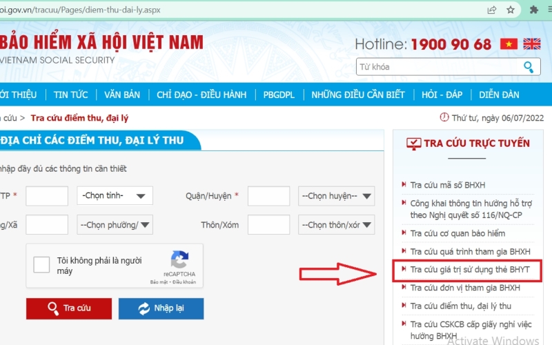 Chọn mục “Tra cứu giá trị sử dụng thẻ Bảo hiểm y tế”