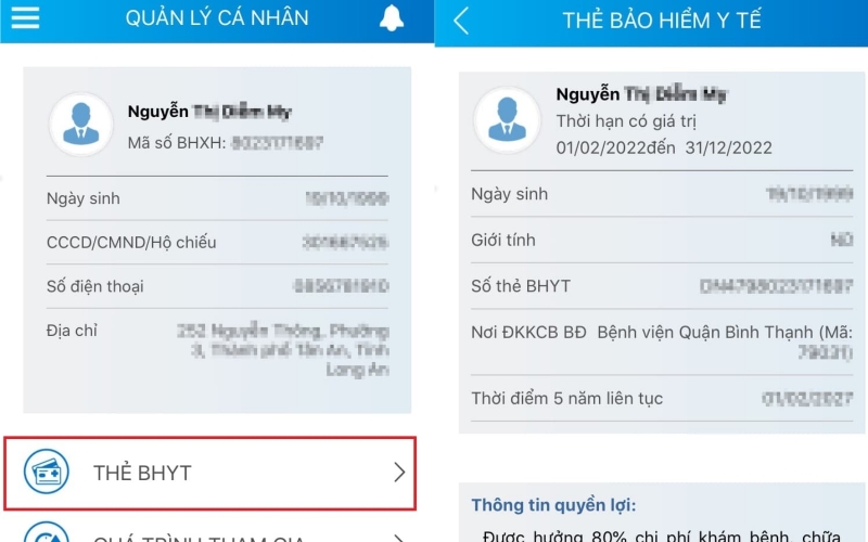 Chọn mục “Thẻ Bảo hiểm y tế” tại màn hình chính