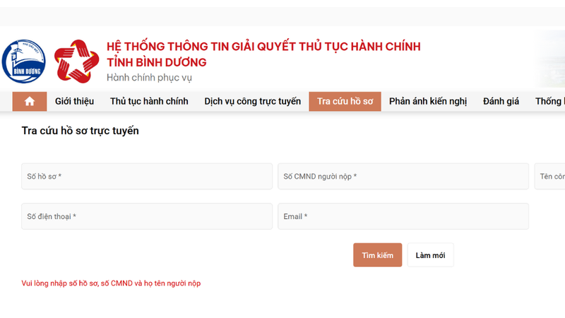 Ví dụ về Cổng dịch vụ công tỉnh Bình Dương