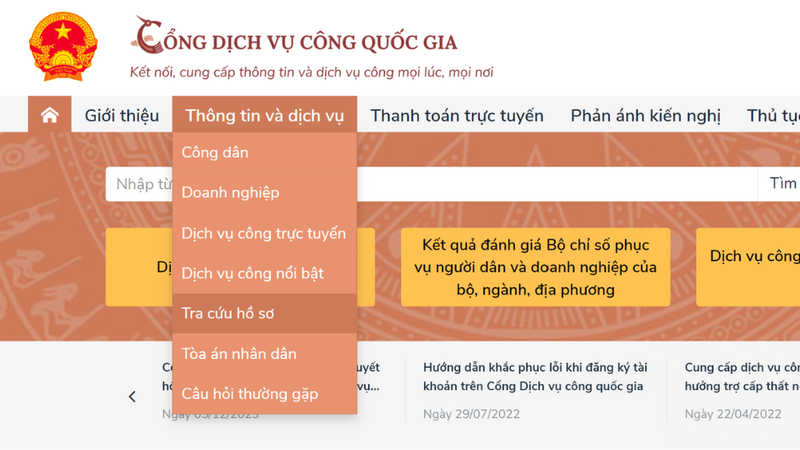 Nhấn nút Tra cứu hồ sơ tại Cổng dịch vụ công Quốc gia