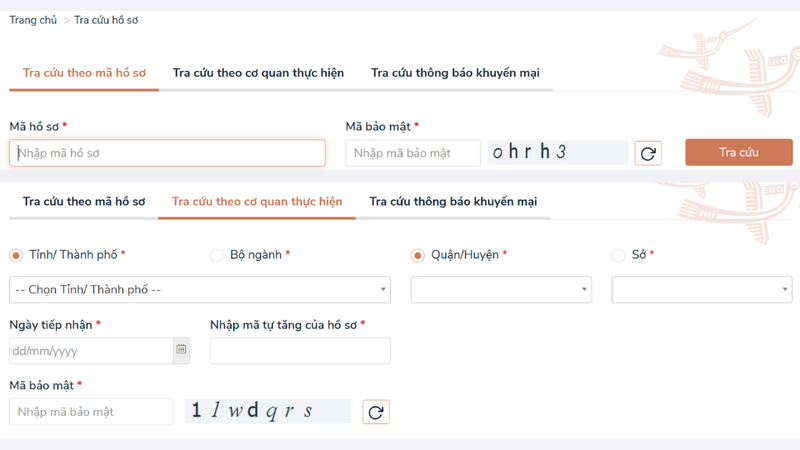 Nhập thông tin khi tra cứu qua Cổng dịch vụ công Quốc gia