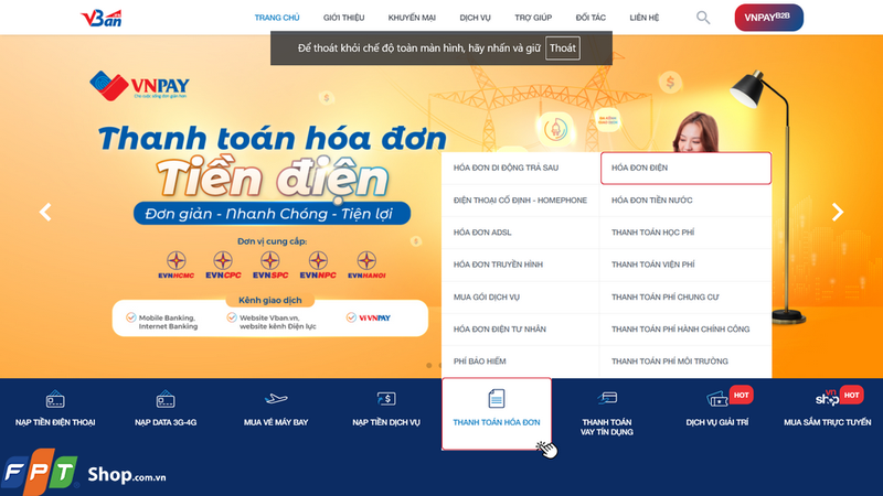 Tại giao diện chính của màn hình, nhấn chọn mục Thanh toán hóa đơn rồi chọn Hóa đơn điện