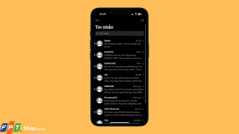 Truy cập vào ứng dụng Tin nhắn/SMS và tìm kiếm tin nhắn có tên người gửi bắt đầu bằng EVN trong danh sách