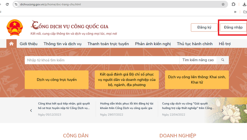 Truy cập vào Cổng dịch vụ công Quốc gia