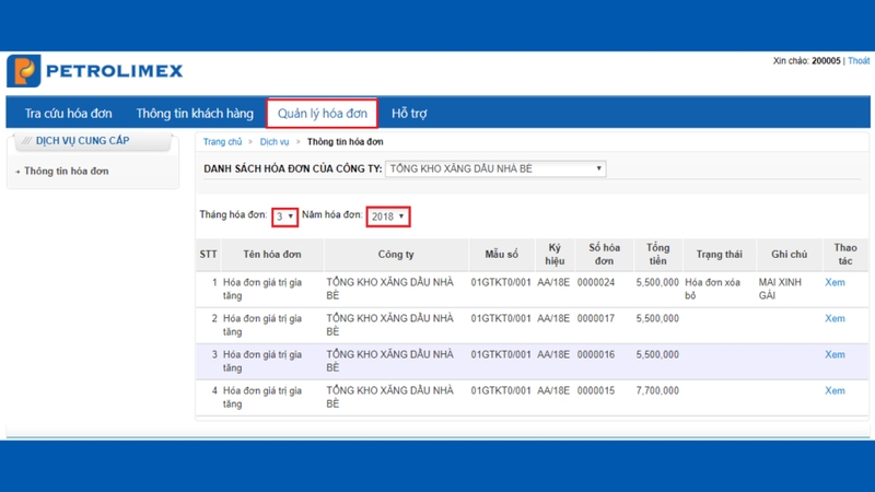 Chọn mục Quản lý hóa đơn