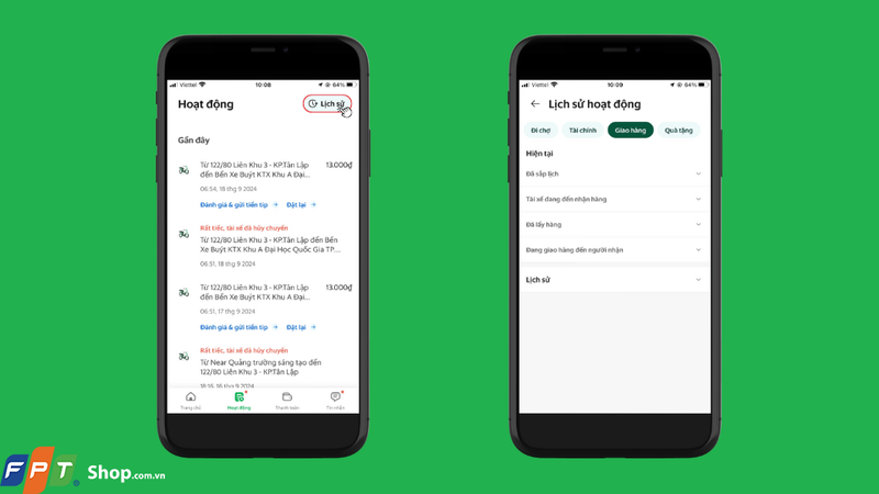 Sau đó, nhấn chọn vào mục Lịch sử và chọn Giao hàng để xem tất cả các đơn hàng đang và đã được giao