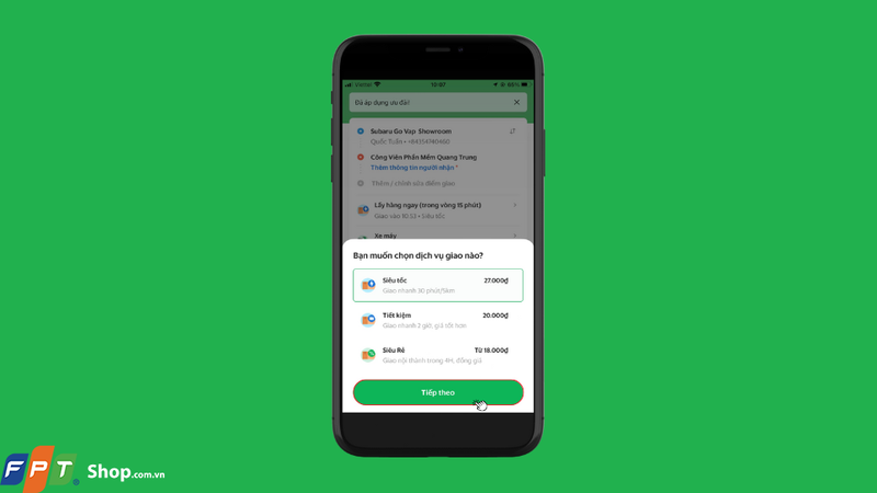 Chọn gói dịch vụ giao hàng bao gồm Siêu tốc, Siêu tốc thực phẩm, Siêu tốc giá trị cao hay Siêu rẻ