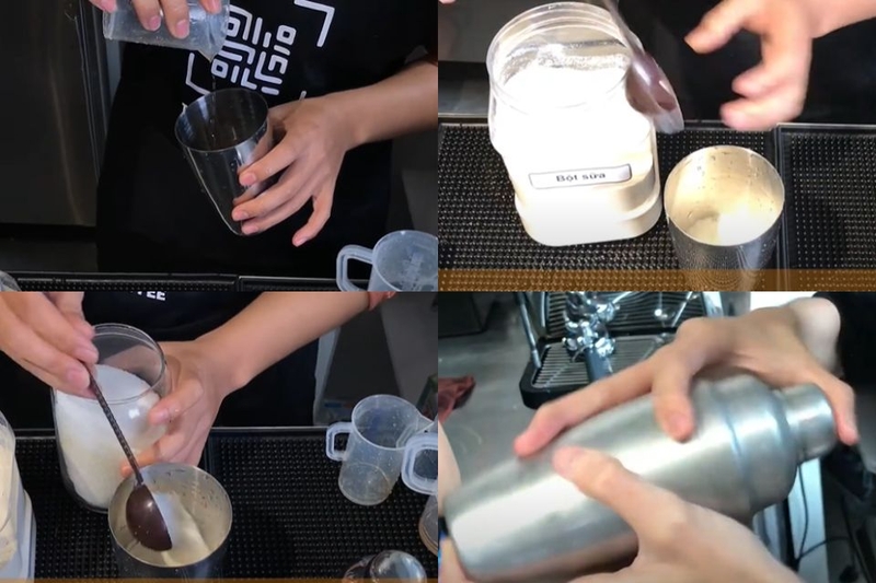 Khuấy đều hỗn hợp cho đến khi bột sữa và đường tan hết