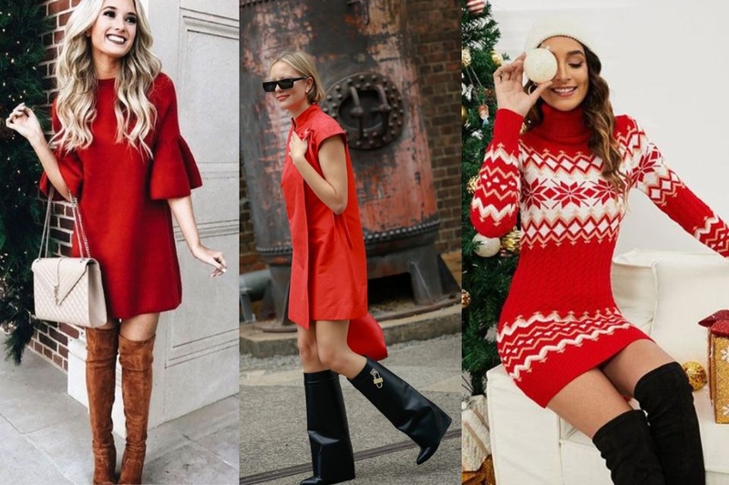 Váy liền màu đỏ xòe mix cùng boot cổ cao