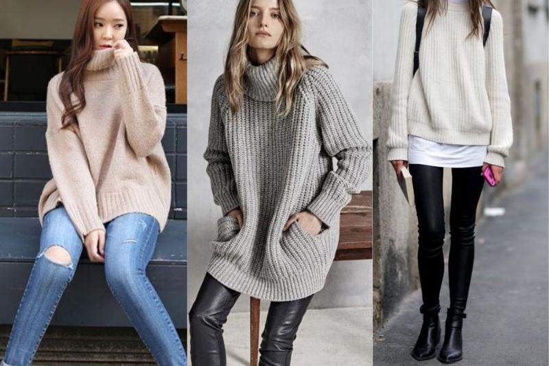 Áo len oversize với quần skinny jeans tông màu trầm