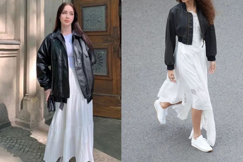 Đầm dài màu trắng với áo khoác bomber