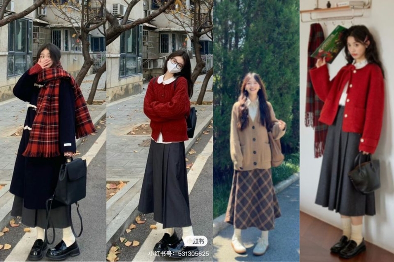 Mix áo len với chân váy midi dịu dàng