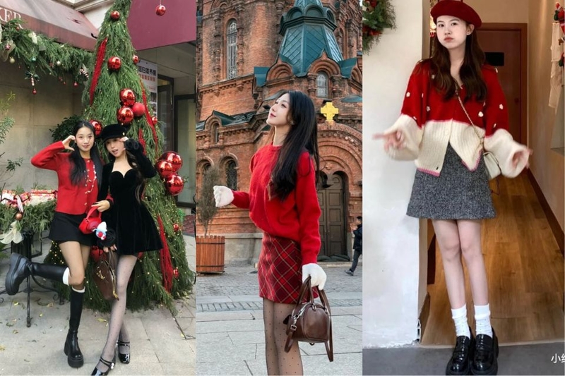 Chân váy ngắn với áo len và áo khoác dạ dáng dài nữ tính