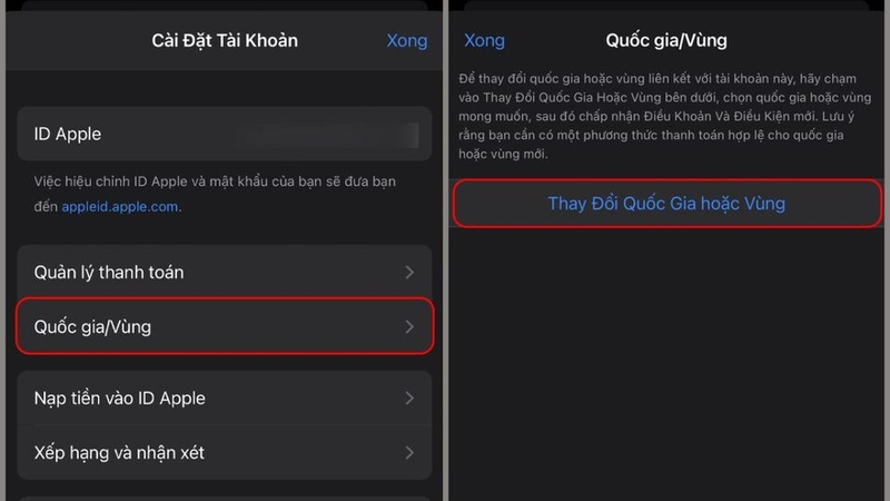 Truy cập mục “Quốc gia/Vùng” để thay đổi