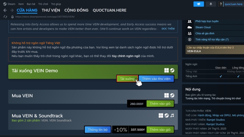 Nhấn vào Tải xuống tại mục Tải xuống VEIN Demo để bắt đầu tải và trải nghiệm phiên bản demo