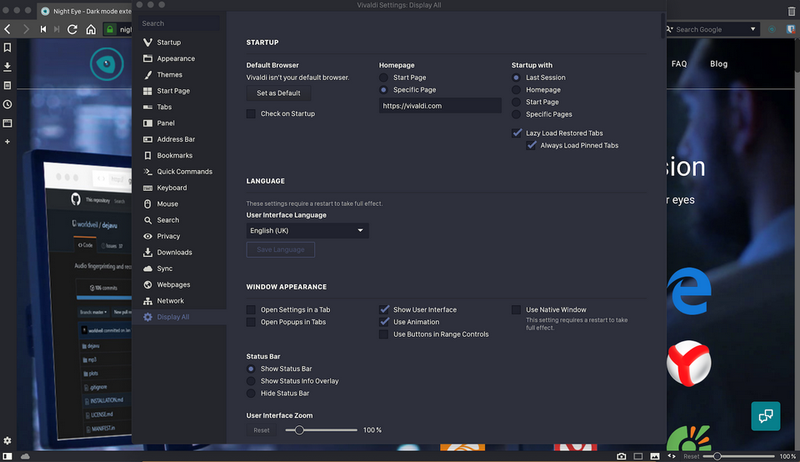 Chế độ Dark Mode của Vivaldi thay đổi nền và các yếu tố giao diện sang màu tối
