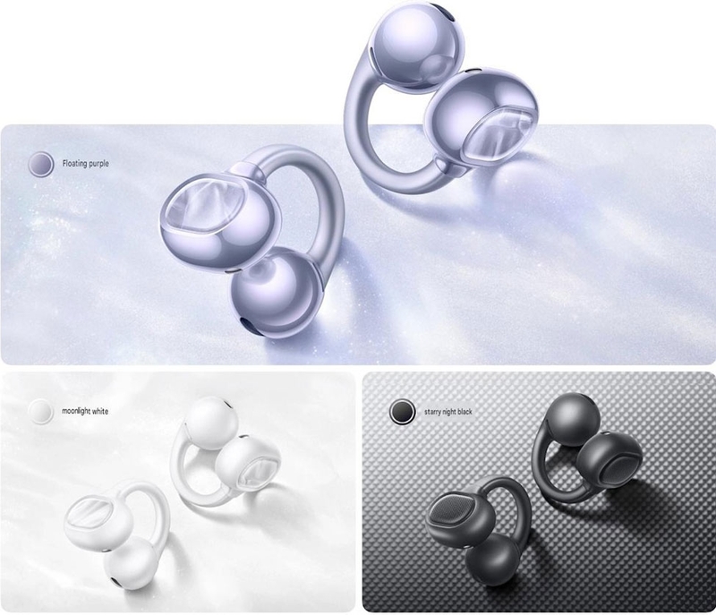 Bảng màu của vivo Buds Clip gồm tím, trắng và đen, phù hợp nhiều phong cách sử dụng khác nhau.