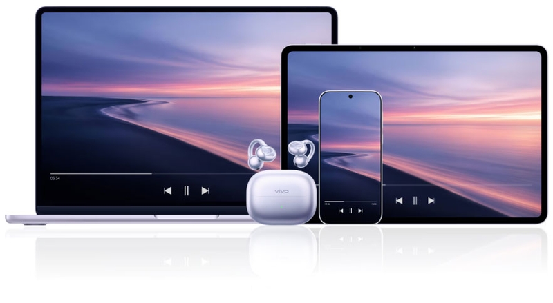 Kết nối đa thiết bị trên vivo Buds Clip giúp chuyển nguồn phát thuận tiện giữa điện thoại, máy tính bảng và laptop.