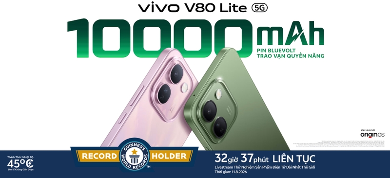 vivo V80 Lite 5G sở hữu pin BlueVolt 10.000 mAh, đạt 32 giờ 37 phút hoạt động màn hình liên tục trong thử nghiệm Guinness.