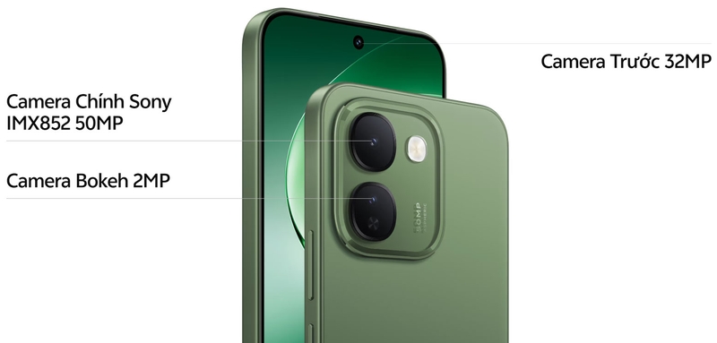 Camera chính Sony 50 MP kết hợp camera selfie 32 MP trên vivo V80 Lite 5G phục vụ cả chụp ảnh và gọi video.