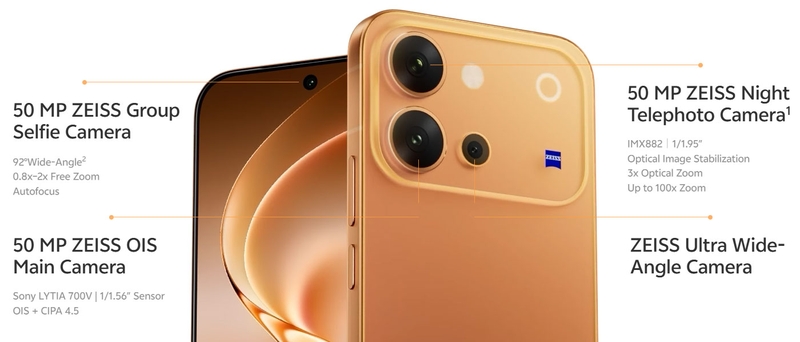 Hệ thống camera vivo V80 kết hợp tele tiềm vọng 50 MP và camera selfie ZEISS 50 MP cho nhiều tiêu cự chụp hơn.