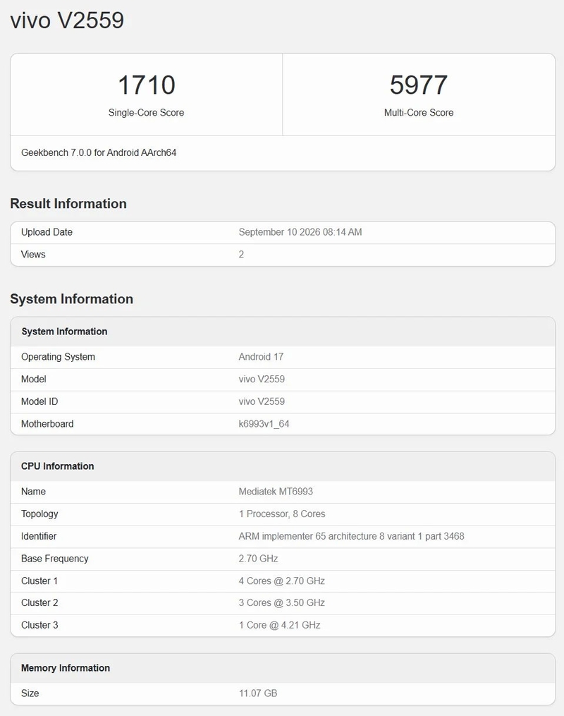 vivo X Fold 6 mã V2559 xuất hiện trên Geekbench với Android 17 và khoảng 12 GB RAM.