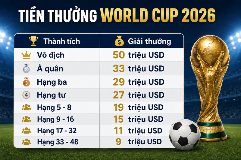 Tổng giải thưởng World Cup 2026 là bao nhiêu?
