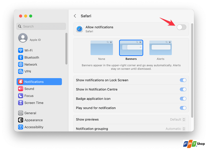 Vô hiệu thông báo trên trình duyệt web Safari (MacBook)