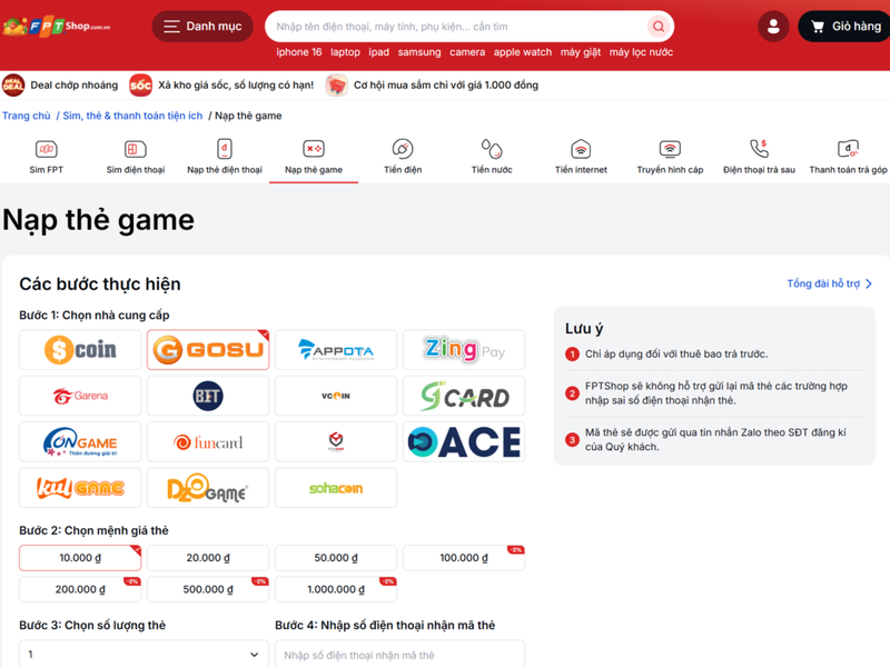 FPT Shop mua thẻ nạp game LCTK