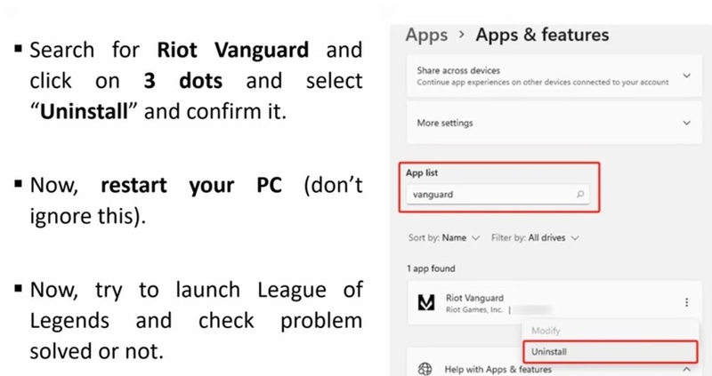 Gỡ cài đặt ứng dụng "Riot Vanguard" để khắc phục lỗi