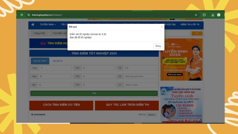 Điểm tốt nghiệp được tính và hiển thị cụ thể trên màn hình