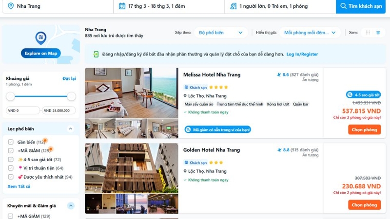 Sử dụng bộ lọc chọn phòng trên Traveloka