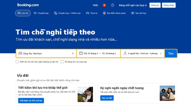 Nhập thông tin tìm kiếm trên Booking.com