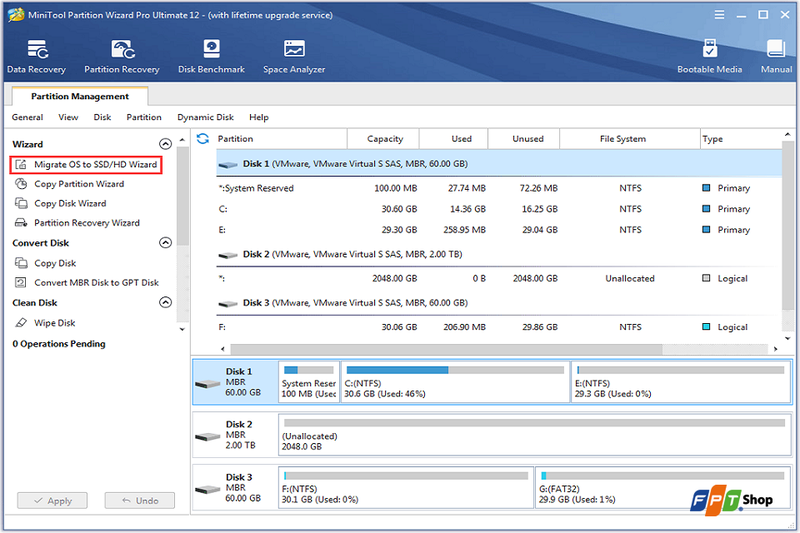 Kết nối SSD và mở MiniTool Partition WizardKết nối SSD, mở MiniTool Partition Wizard