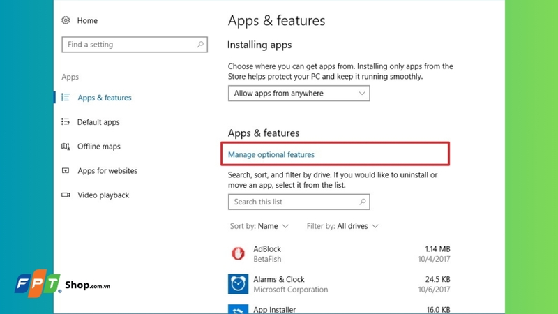 Nhấn chọn Manage optional features
