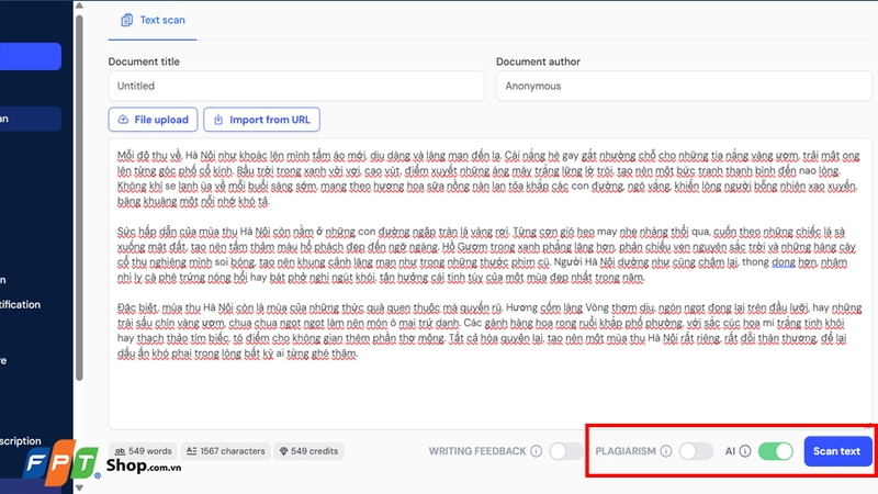 Chọn loại kiểm tra và nhấn "Sancan Text" (Quét văn bản)