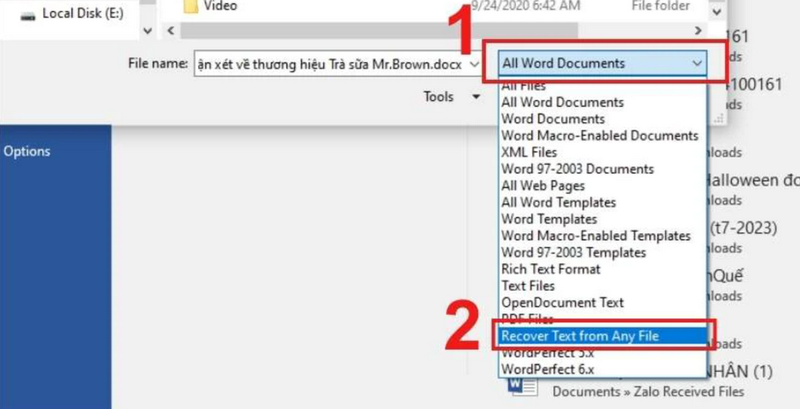 Cách nhấp chọn file Word đang bị hỏng