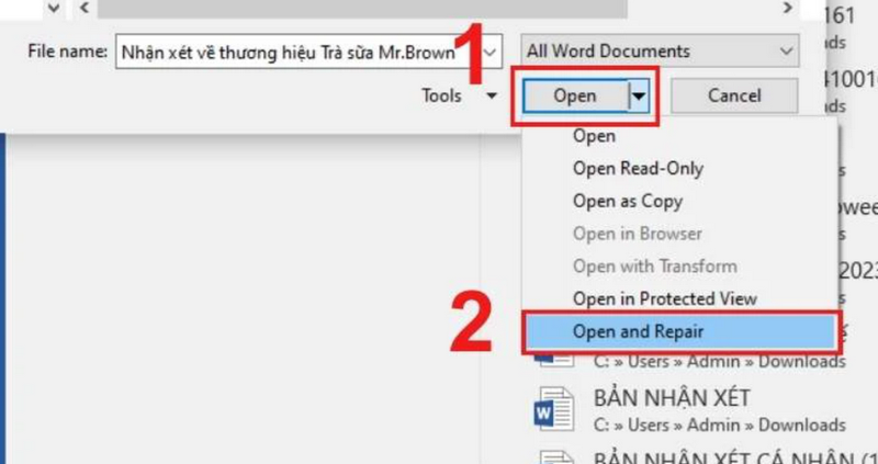 Sử dụng Open ở góc dưới cùng bên phải cửa sổ