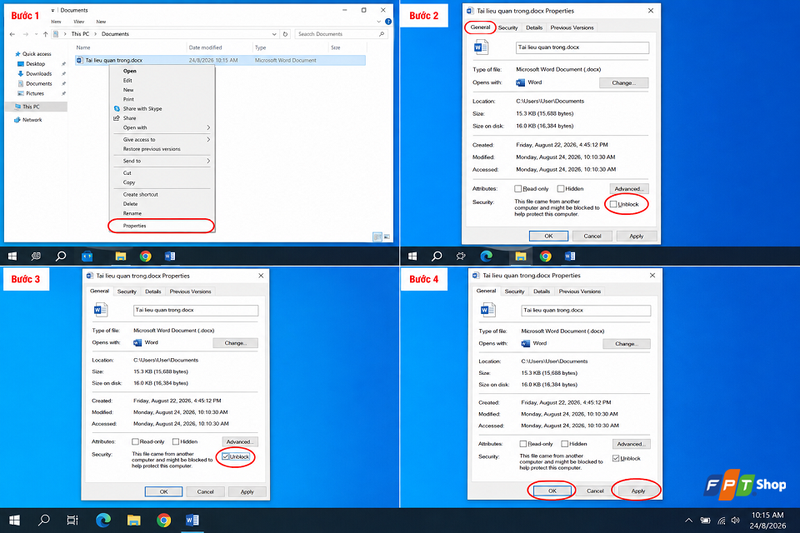 Kiểm tra và bỏ chặn file trong Properties