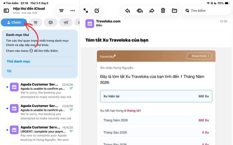Mở ứng dụng Mail và chọn email trong mục Chính