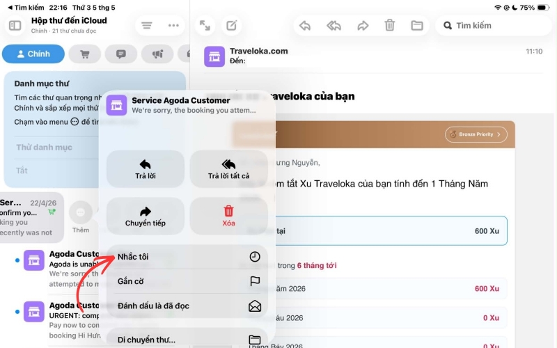 Chạm nút Thêm, chọn “Nhắc tôi” và đặt thời gian muốn được nhắc lại email
