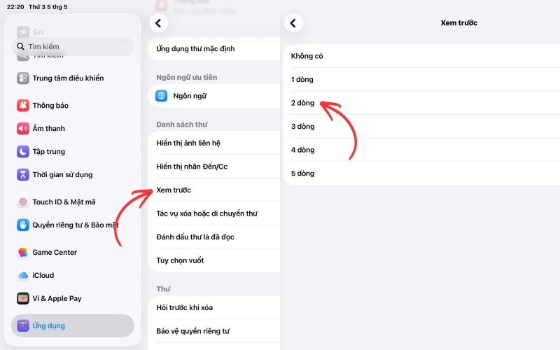 Chọn Mail > Xem trước và điều chỉnh số dòng hiển thị theo nhu cầu