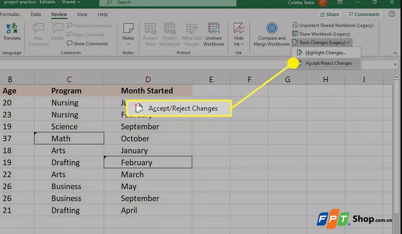 Cách xem nội dung thay đổi khi chia sẻ file Excel - 01
