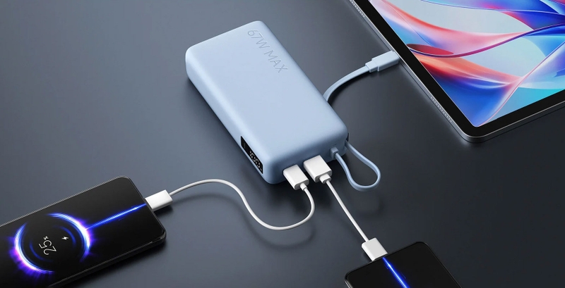 Xiaomi 67W Power Bank 20000 hỗ trợ sạc nhiều thiết bị cùng lúc thông qua cáp tích hợp và các cổng USB.