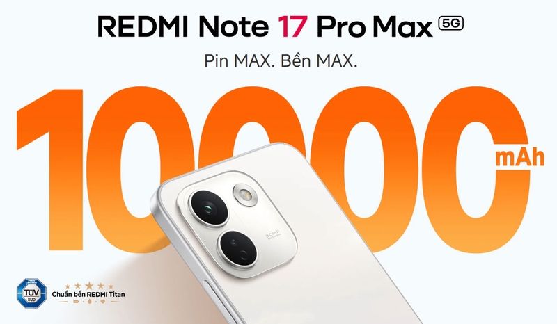 REDMI Note 17 Pro Max 5G sở hữu pin 10.000 mAh.