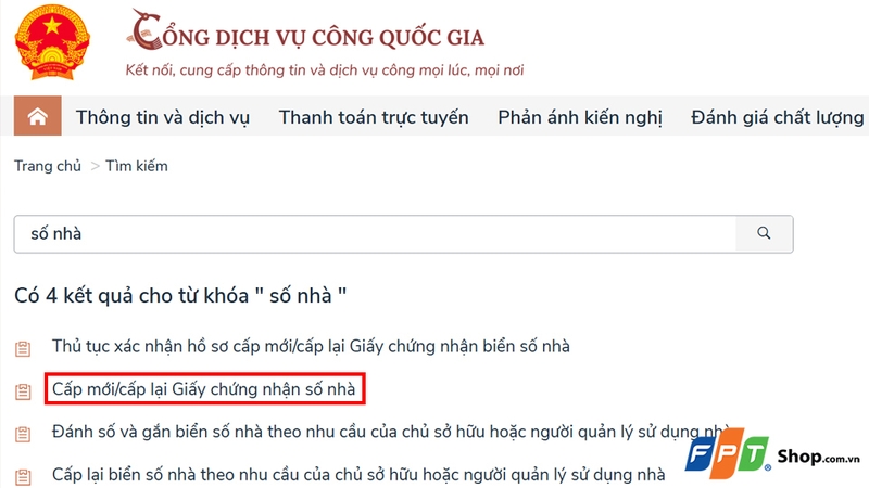 Chọn mục "Cấp mới/cấp lại Giấy chứng nhận số nhà”