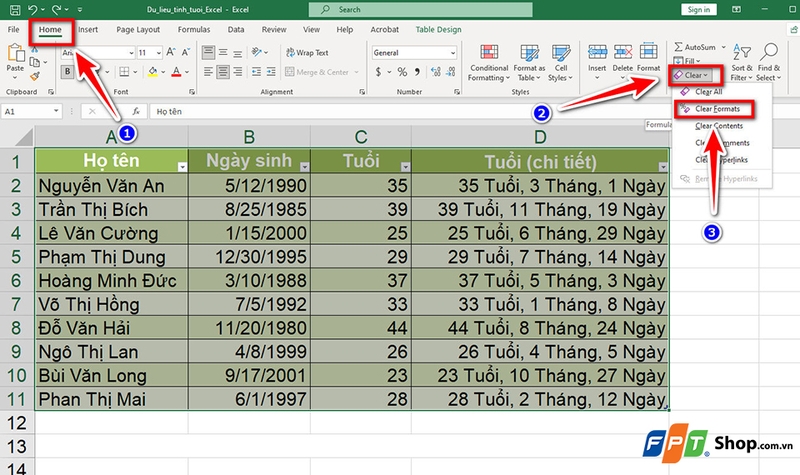 Xóa định dạng bảng trong Excel - 06