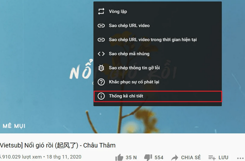 Mở công cụ thống kê chi tiết trên video